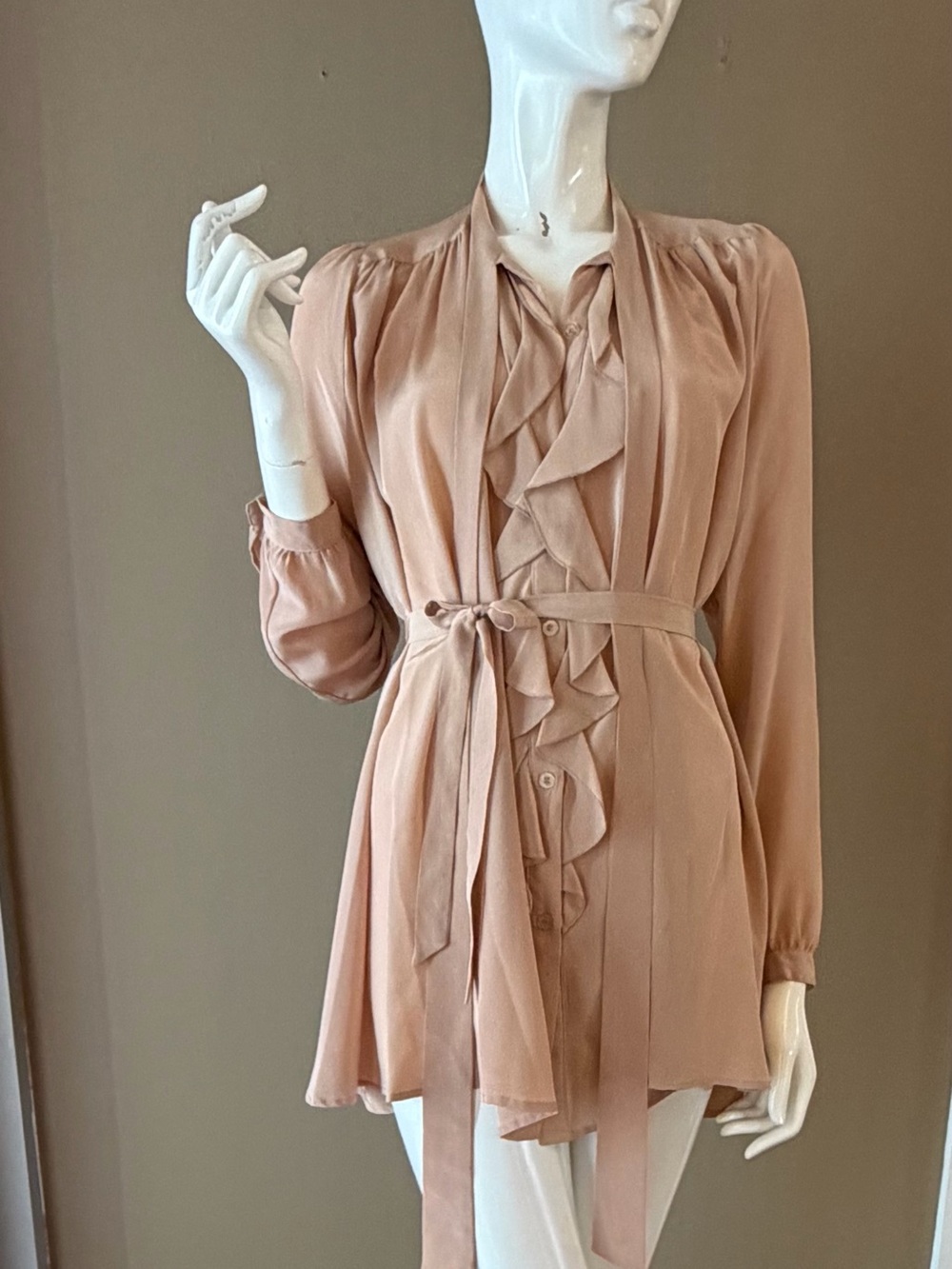 April May vintage inspired Ruffle Front Tie-Waist Tunic Blouse in Dusty Rose